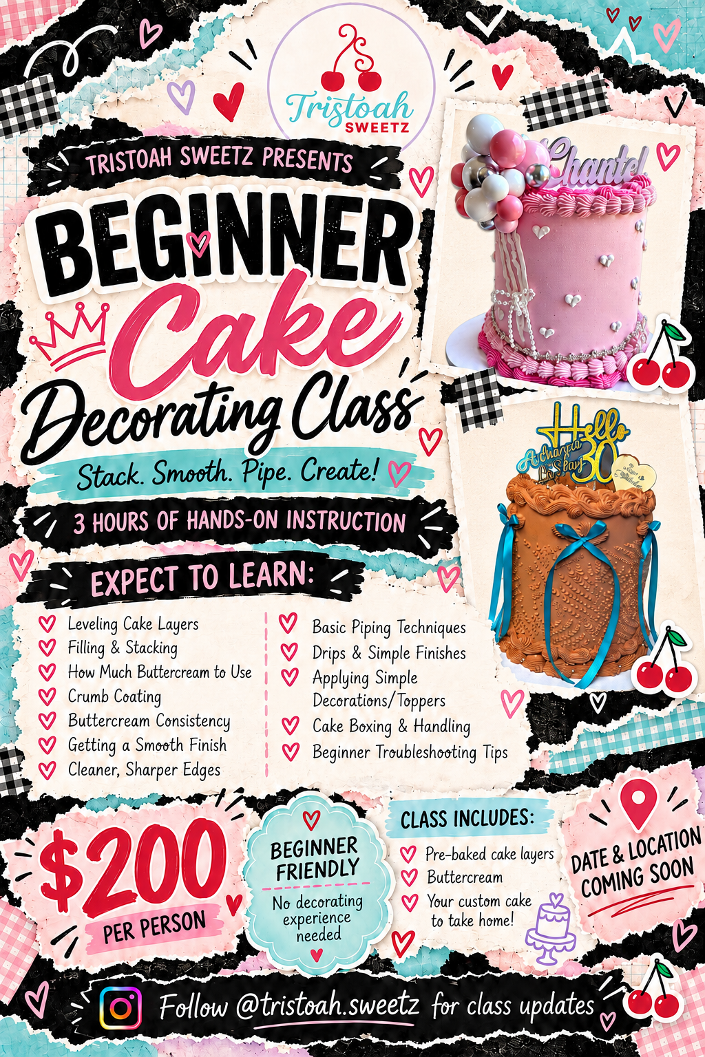 Tristoah Sweetz cake class flyer featuring our pink and brown decorated cakes